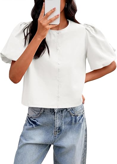 Womens Cropped Tops Puff Sleeve Button Down Shirts Trendy Casual Loose Fit Cute Blouse 4.5 4.5 out of 5 stars   (13)